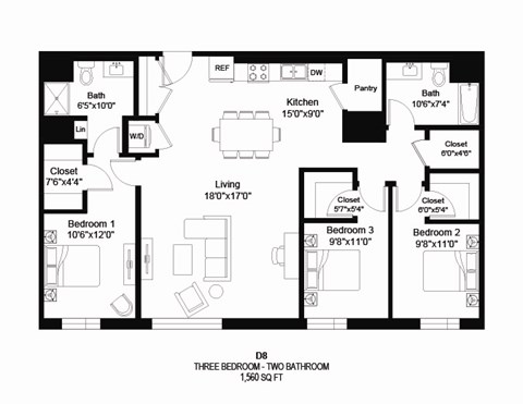 Floor plan for 3 beds, 2 baths, 1560 sqft